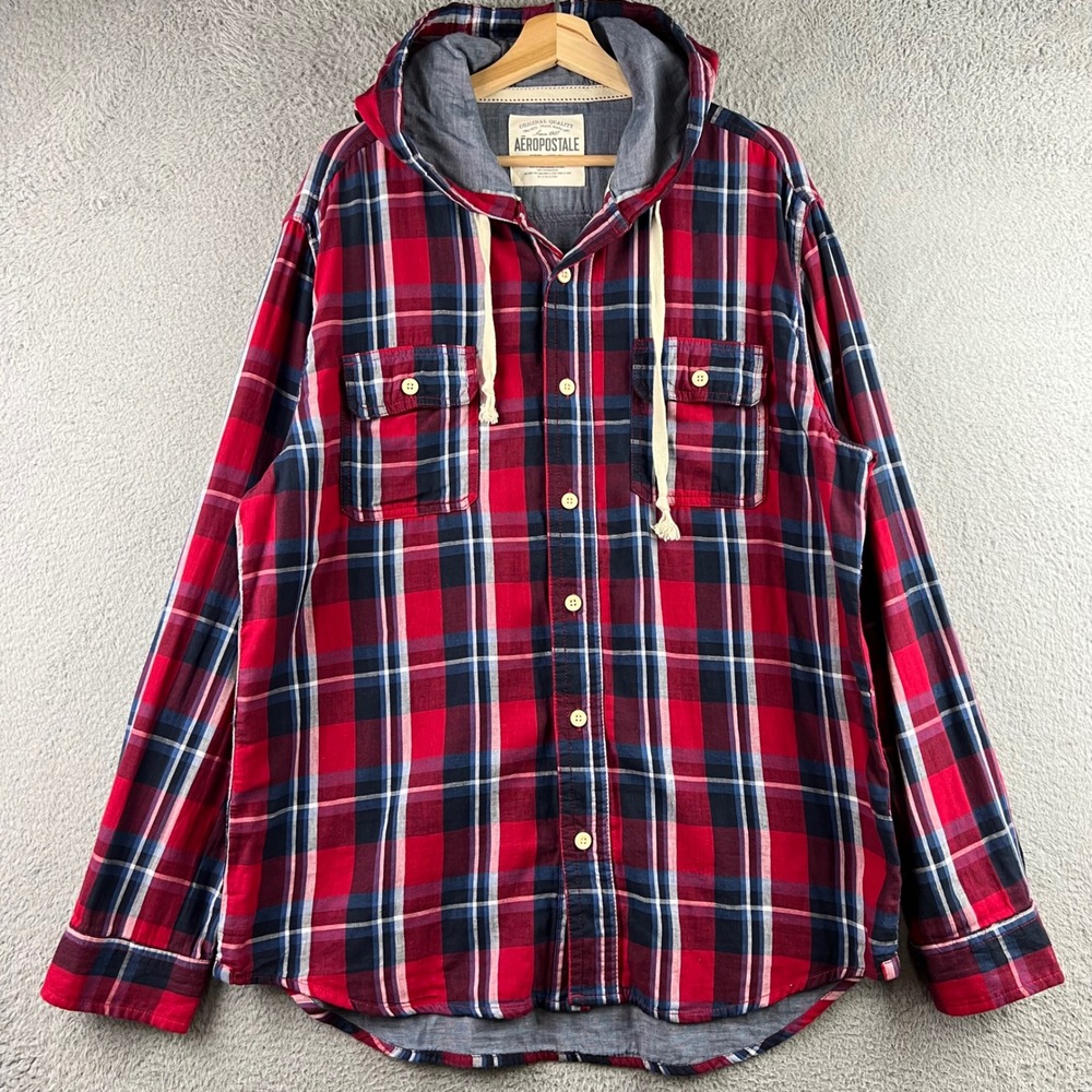 Aeropostale Mens XL Red Plaid Hooded Flannel Shirt Long Sleeve Button Down